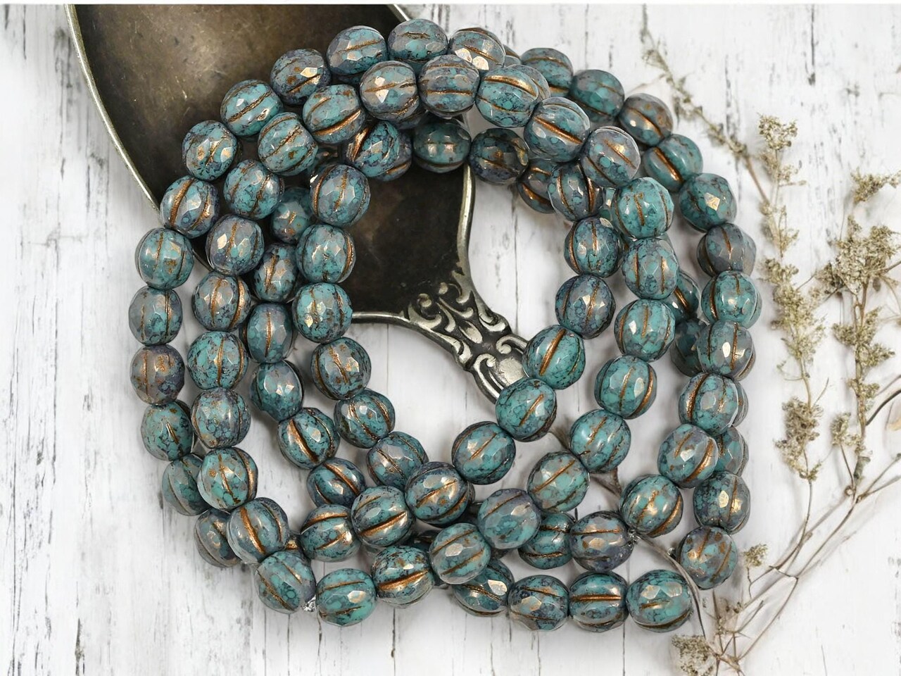 *25* 6mm Bronze Washed Gold Lustered Opaque Teal Turquoise Round Melon Beads